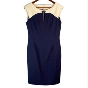 Calvin Klein Sleeveless Keyhole Dress Cream Navy Blue ColorBlock Lined Size 6